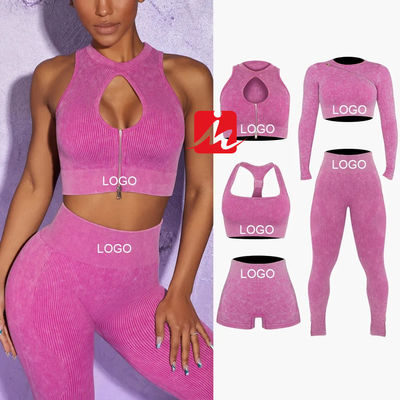 Sujetador deportivo de 5 piezas y mallas para mujer Conjuntos de fitness acanalados sin costuras Ropa deportiva